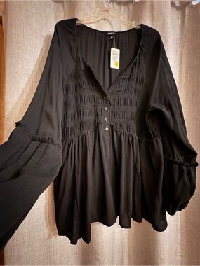 torrid Black Smocked Button-Front Peasant Blouse